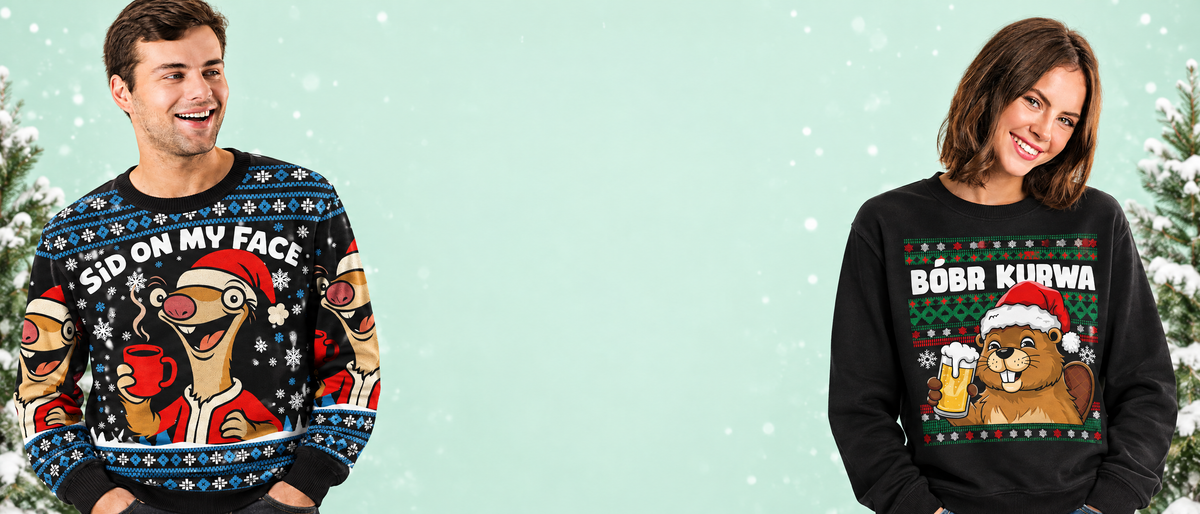 Two people wearing Sid on my Face and Bóbr Kurwa sweaters against a mint green background
